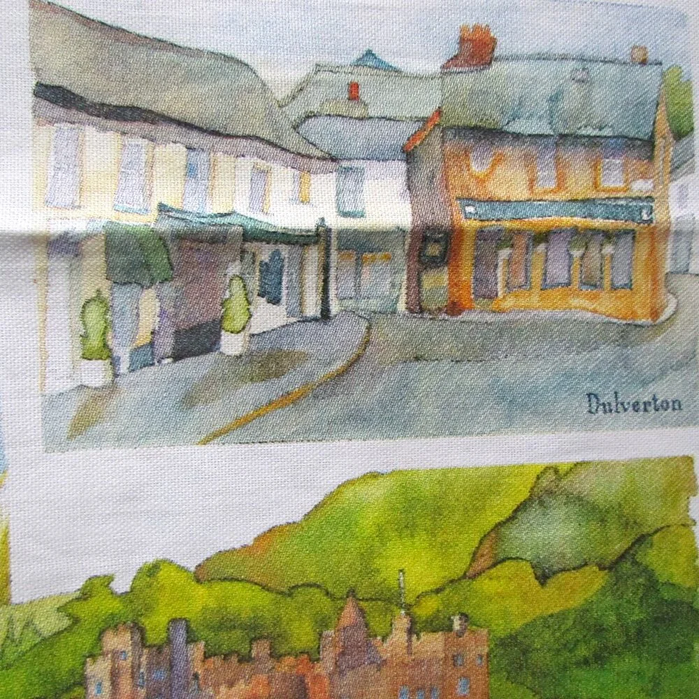 ENGLISH TEA TOWEL, SOMERSET SCENES in WATERCOLOR: BATH, DUNSTER CASTLE, WELLS ++